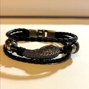 Black Braided Bracelet with Silver Wing Charm